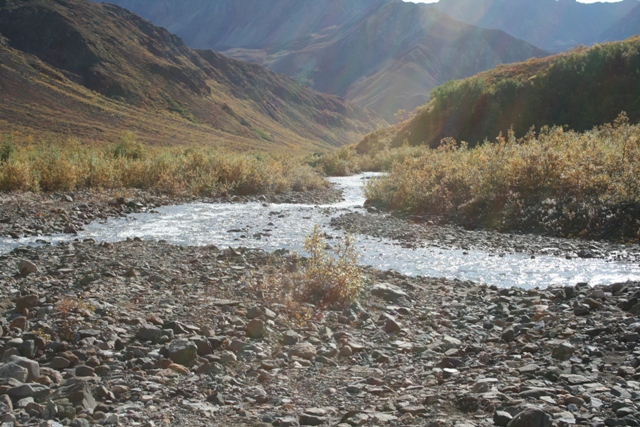 Mountain valley with a rocky riverbed and flowing water under a bright sun