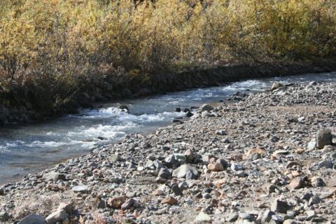 1990 Chevrolet Suburban - A scenic view of a creek flowing through a rocky landscape, with trees showing fall colors in the background.