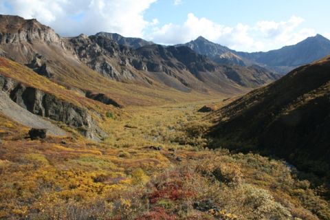 1990 Chevrolet Suburban - A vast mountain valley displays the vibrant colors of autumn, with slopes and a winding stream.