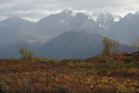 1990 Chevrolet Suburban - Mountain landscape with snow-capped peaks and fall colors in the foreground.