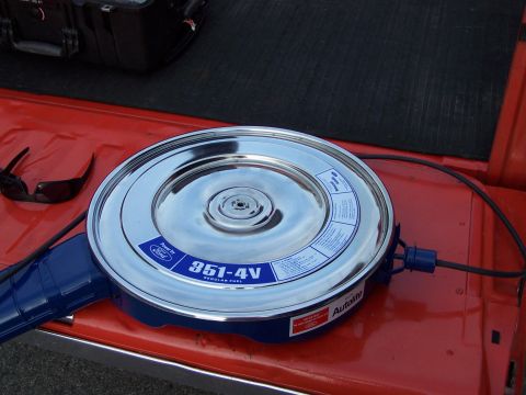 1973 Ford Ranchero - This chrome air cleaner assembly features a Ford 351-4V label, consistent with a 1973 Ford Ranchero engine.