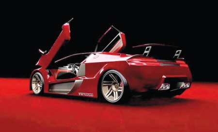 1900 Bentley Turbo - A red sports car with its doors open is displayed against a black background with a red floor.