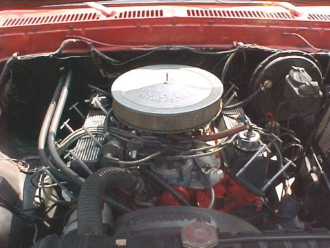 1979 Ford F-150 - Close-up view of an engine bay, a prominent chrome air cleaner and red engine components.