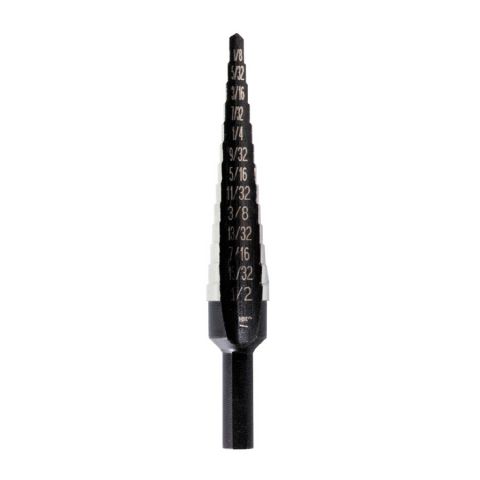 1989 Ford F-150 - A black step drill bit with various fractional inch markings is shown against a white backdrop.