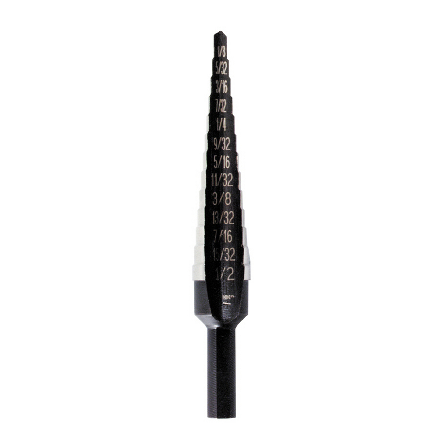 Black step drill bit with size markings in white, isolated on white background