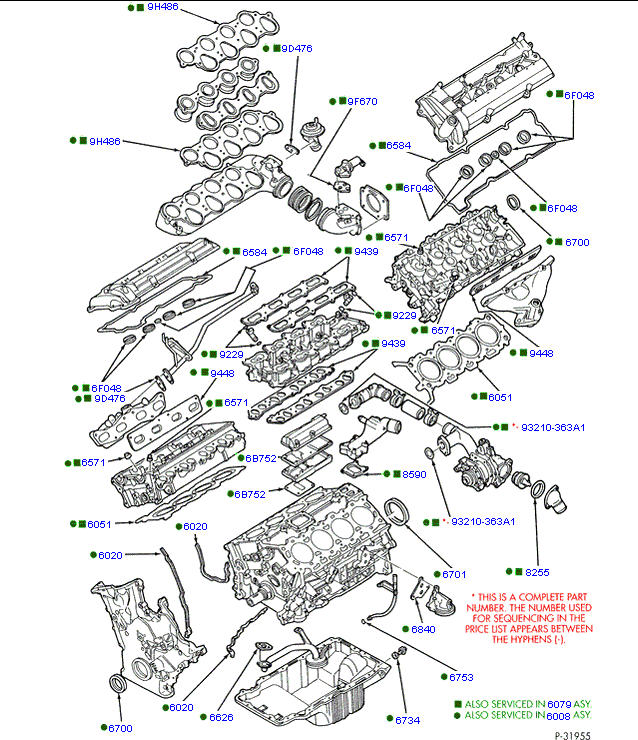 Exploded engine parts diagram with numbered part callouts