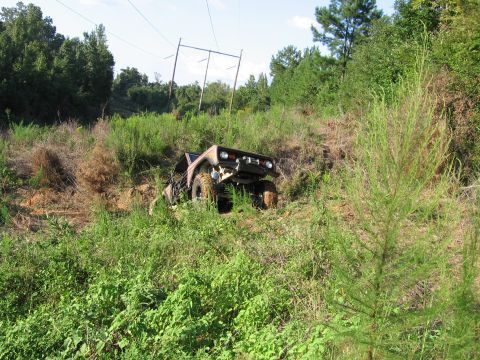 1967 Ford Mustang - An off-road vehicle navigates a steep, overgrown embankment near power lines.