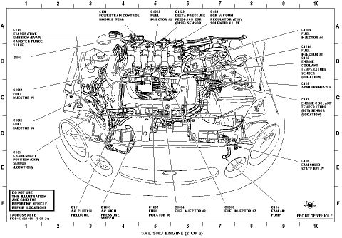 1997 Ford Taurus - Component location illustration for the 3.4L SHO engine showing connectors and sensors on a lettered/numbered grid.