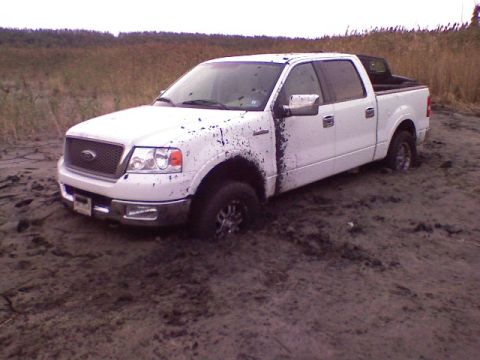 1998 Dodge 1500 - White Ford F-150 stuck in mud, likely off-roading or a mishap.