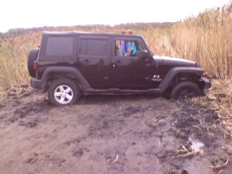 1998 Dodge 1500 - A black Jeep Wrangler is stuck in a muddy area with tall grass surrounding it.