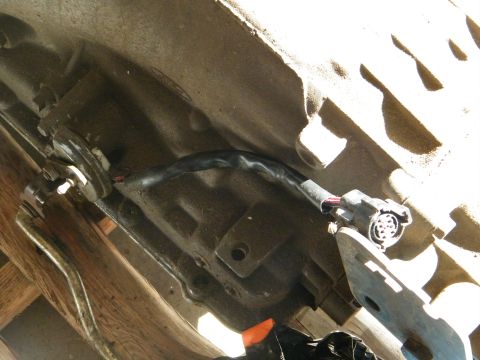 1982 Ford Bronco - Close-up view of a vehicle's transmission underside, showing a wiring harness and connector.