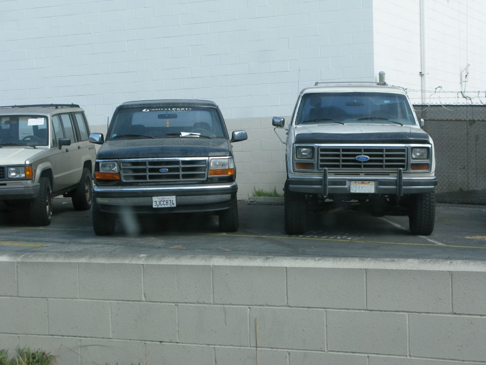 Lifted two-tone Ford Bronco, dark Ford pickup, and tan Jeep parked by a block wall.