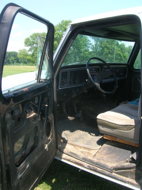 1975 Ford F-250 - Interior view of a Ford truck, revealing the dashboard, steering wheel, and a worn seat, with the driver's door removed.