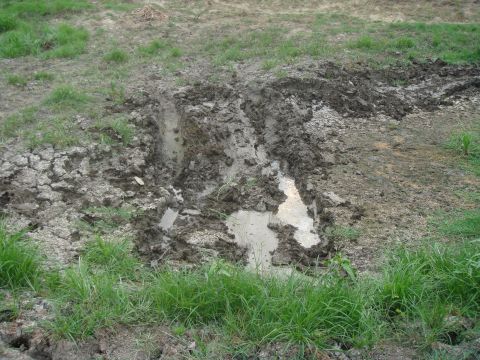 1992 Ford Bronco - Tire tracks mark a path through muddy, cracked earth and grass.