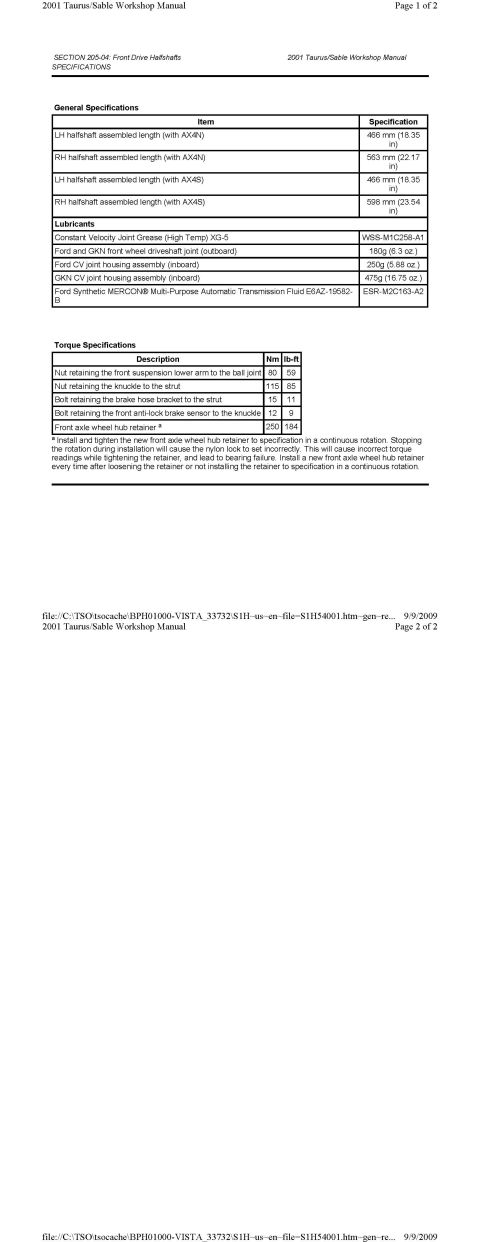 1901 Ford Taurus - Front Drive HalfShafts Specifications