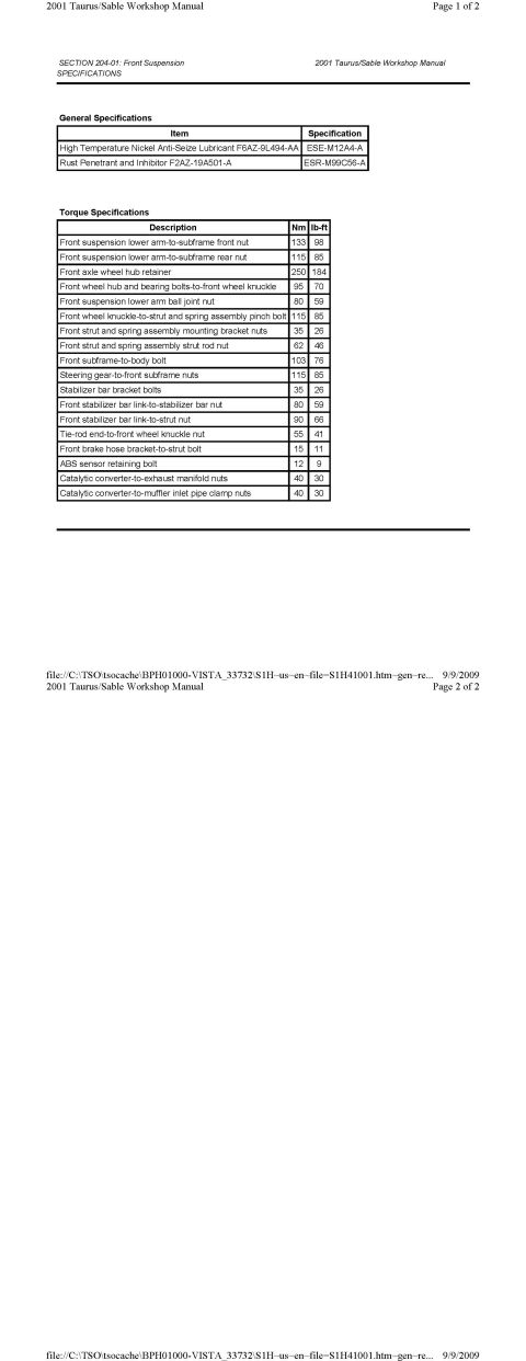 1901 Ford Taurus - Front Suspension Torque Specifications