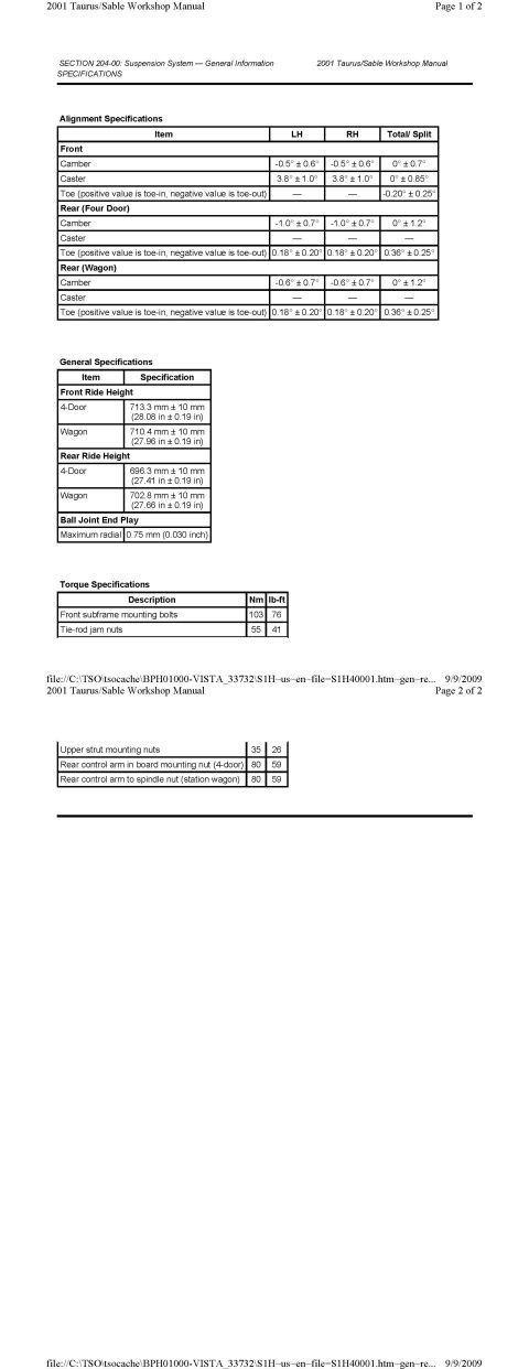 2001 Ford Taurus - Suspension System Specifications