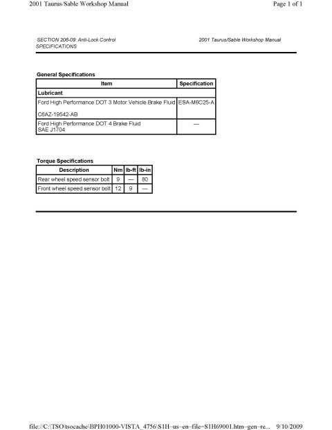 2001 Ford Taurus - Anti-Lock General + Torque Specs
