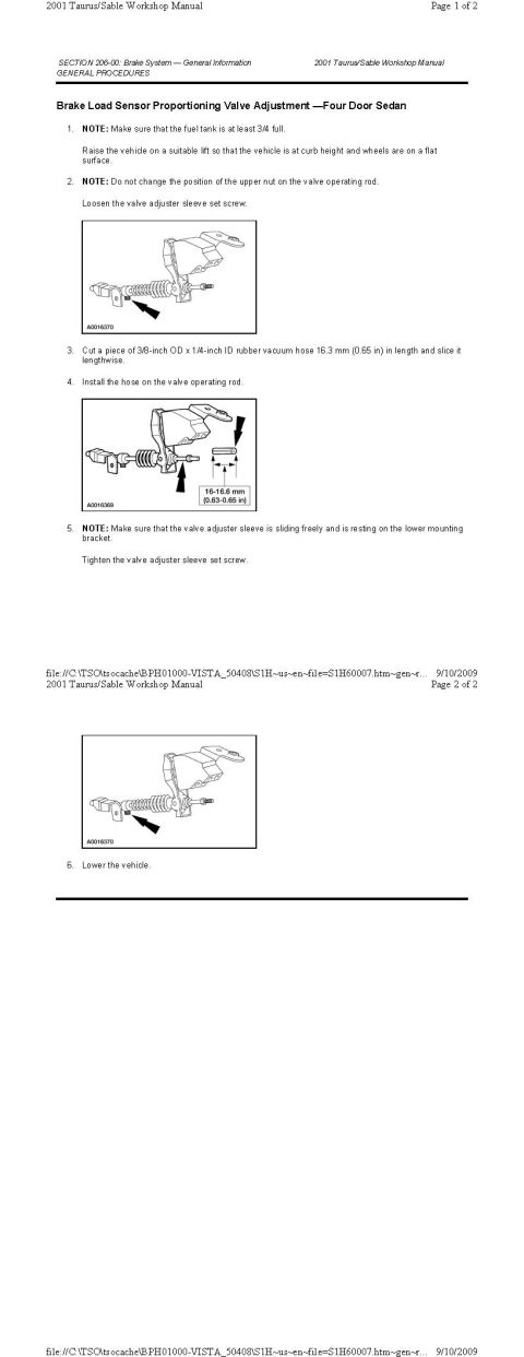 2001 Ford Taurus - Brake Load Sensor Proportioning Valve Adjustment Four Door Sedan