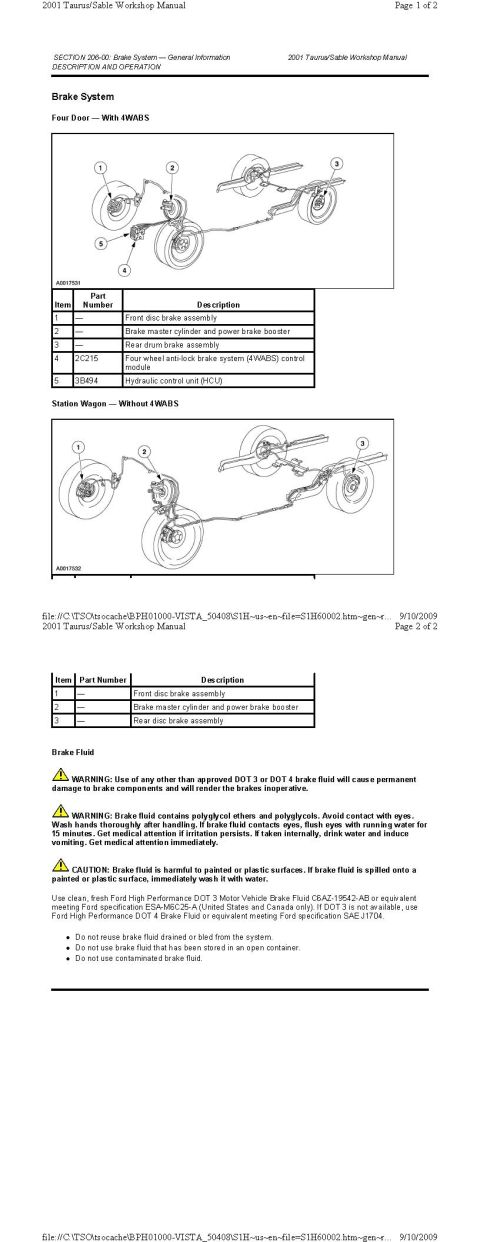 2001 Ford Taurus - Brake System + Fluid Spec
