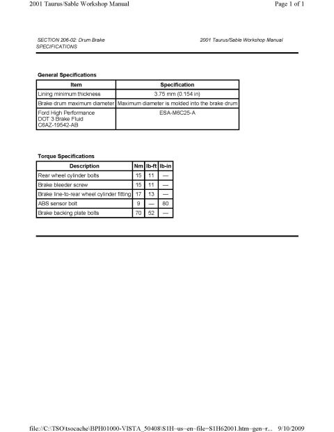 2001 Ford Taurus - Drum Brake General Specs + Torque Specs