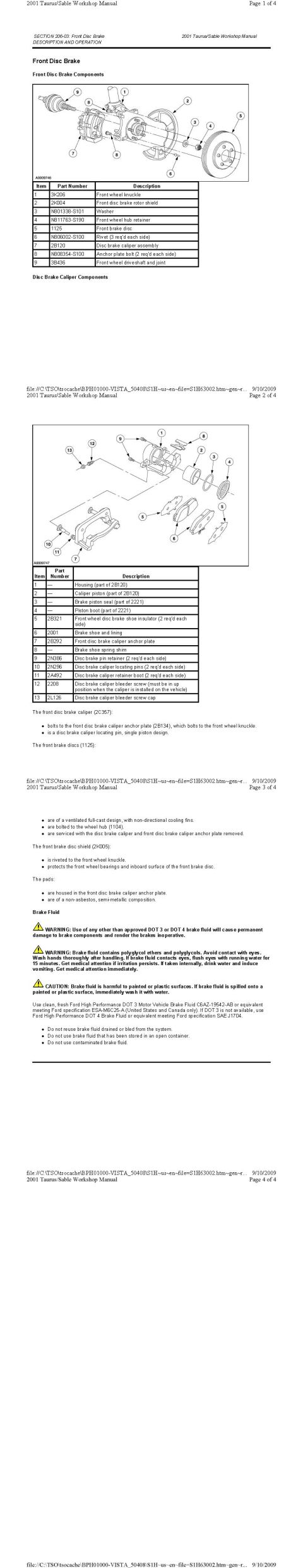 2001 Ford Taurus - Front Disc Brake Components + Part Numbers