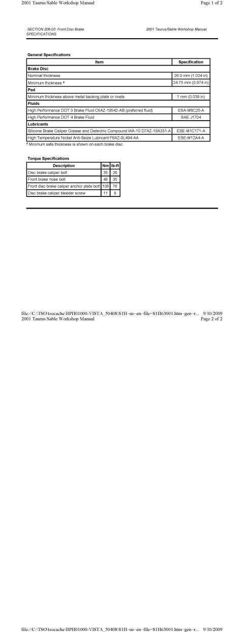 2001 Ford Taurus - Front Disk Brake General Specs + Torque Specs