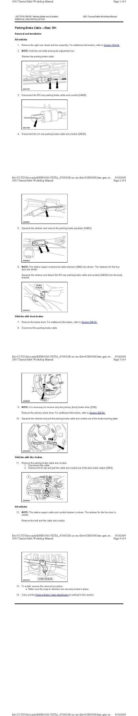 2001 Ford Taurus - Parking Brake Cable Rear RH