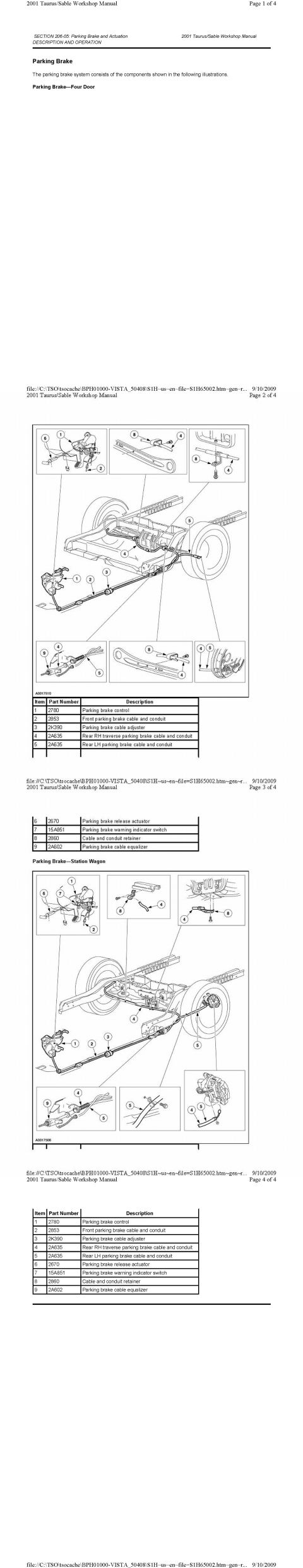 2001 Ford Taurus - Parking Brake Diagrams 4door+Wagon+ Part numbers