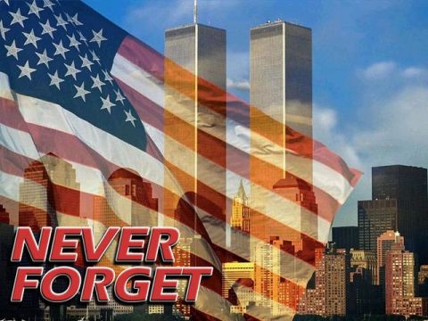 1991 Ford Crown Victoria - A memorial image depicting the American flag, the Twin Towers, and city skyline with the words 'NEVER FORGET'.