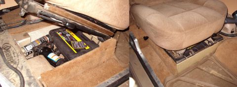 1975 Ford Bronco - The passenger seat base is carpeted on its outboard face. I used an '86 EB Bronco captain's chair and its dumping base with a custom-fabbed…