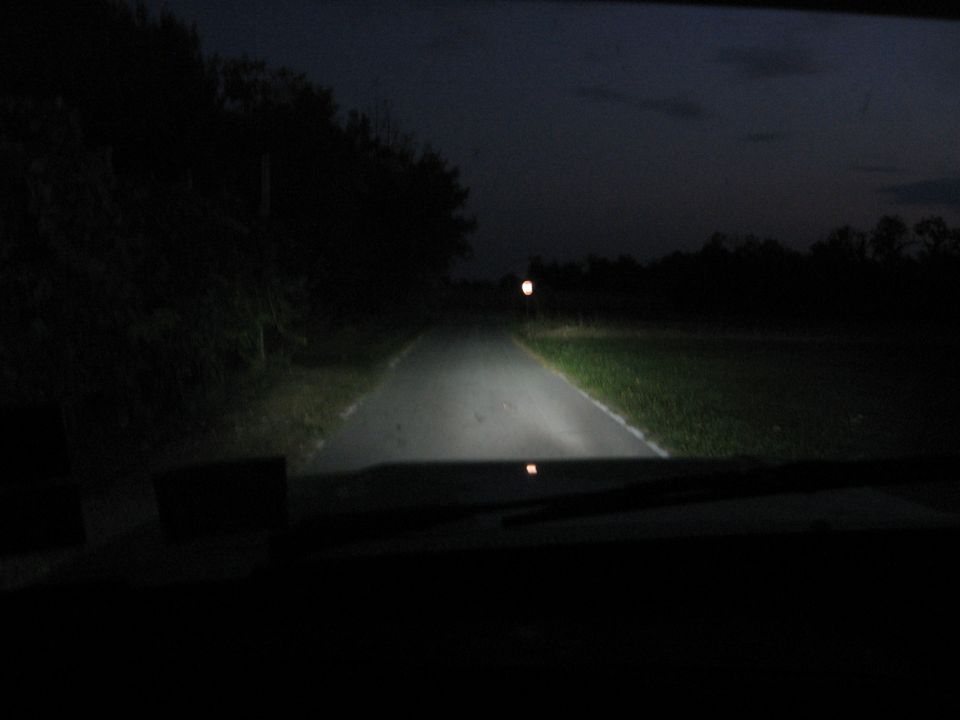 View from inside a vehicle driving on a dark road at night, headlights illuminating the way