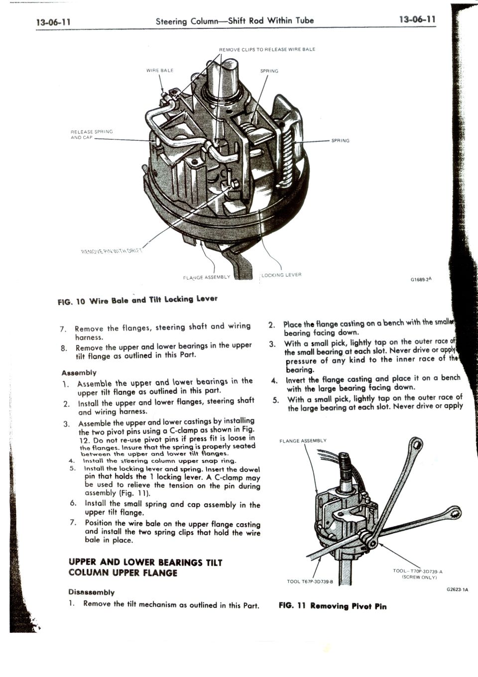 Ford steering column 13-06-11 wire bale and tilt locking lever exploded diagram and pivot pin removal