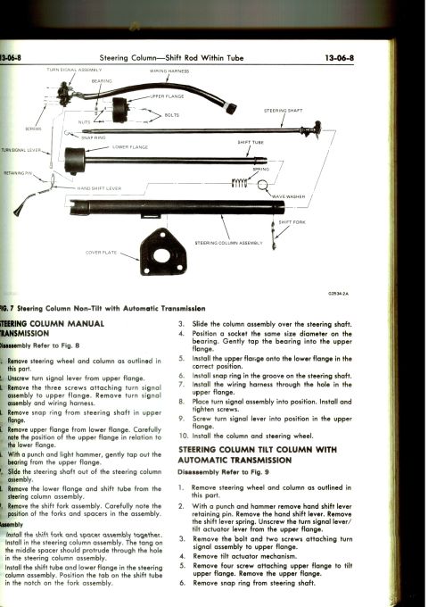 1979 Ford Bronco - Diagram illustrates steering column components and assembly steps for non-tilt and tilt columns.