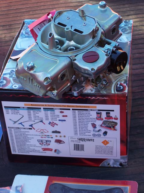 1973 Ford Ranchero - new Barry Grant Speed Demon 750 carb, with electric choke and vacuum secondaries; $455CAD at my local speed shop, Mopac.