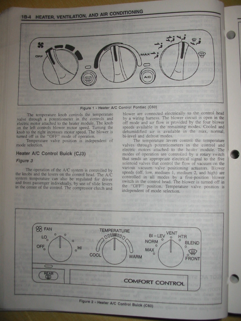 Section 1B-4 HVAC page with Pontiac (C60) and Buick (CJ3) heater A/C control panel drawings