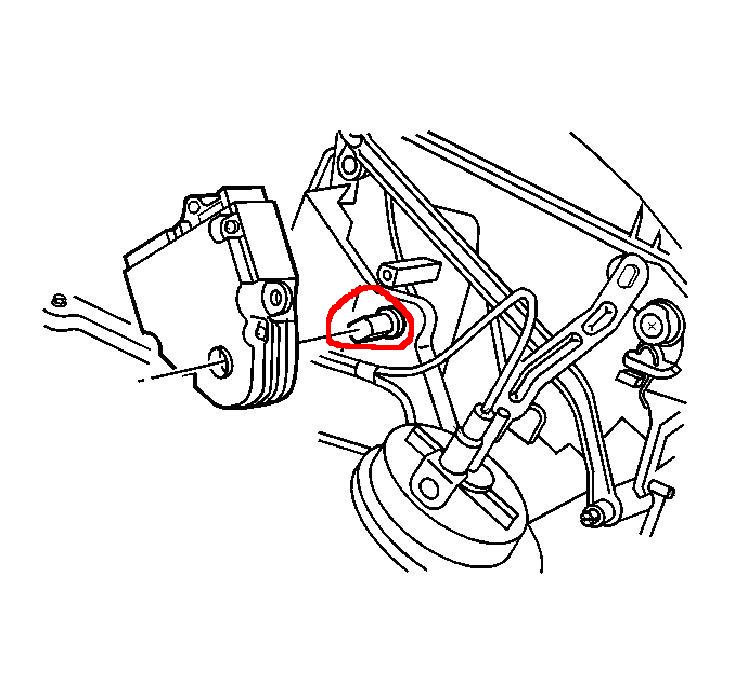 Line-drawing service illustration with red callout circle highlighting a component location near a steering/suspension assembly