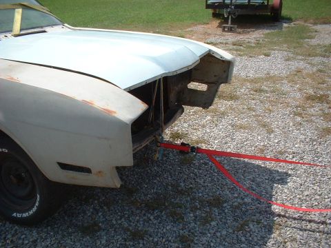1969 Mercury Cyclone - Front view of a 1969 Mercury Cyclone undergoing towing, hood is detached.