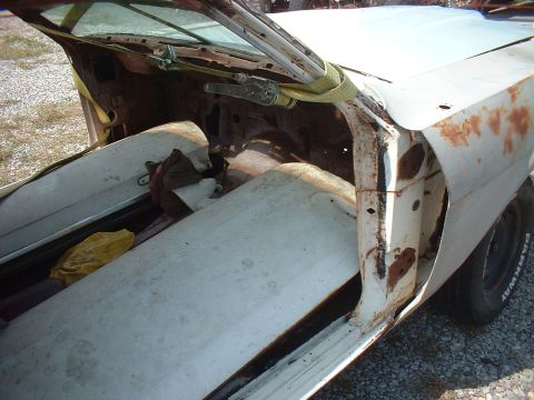 1969 Mercury Cyclone - The interior of a white 1969 Mercury Cyclone shows significant rust and damage, with a yellow tarp visible.