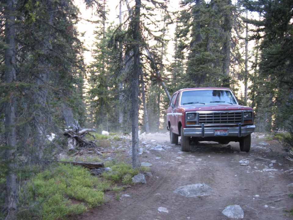 Red SUV driving on a dirt road through a forest