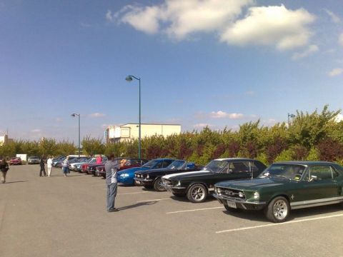1991 Ford LTD Crown Victoria - A line of classic cars, including a green 1967 Ford Mustang, are parked in a lot under a blue sky with scattered clouds.