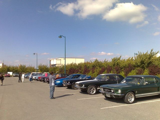 Green 1967 Ford Mustang coupe parked in a lot with other classic cars