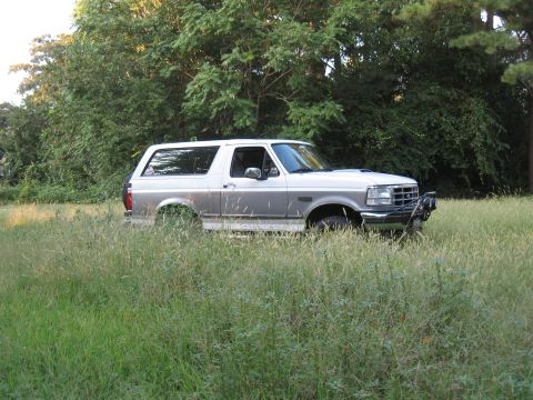1994 Ford Bronco - A two-tone silver and gray Ford Bronco is partially obscured by tall grass, with a winch mounted on the front bumper.