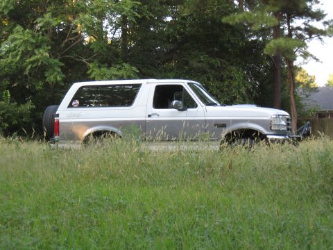 1994 Ford Bronco - Side view of a 1994 Ford Bronco with a spare tire mounted on the rear, partially obscured by tall grass.