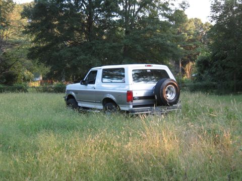 1994 Ford Bronco - This 1994 Ford Bronco is parked in a grassy field, showing its rear profile and external spare tire.