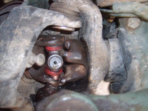 1989 Ford Bronco - Suspension ball joint showing wear and red polyurethane bushings.