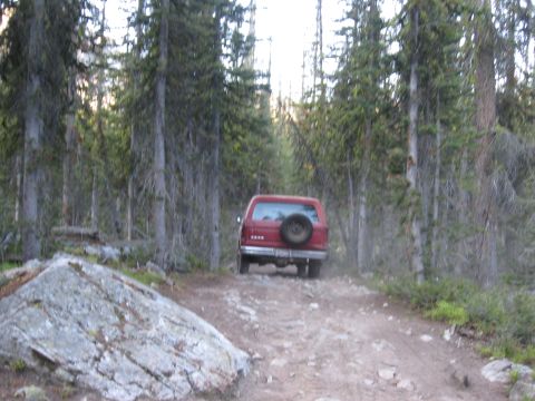 1981 Ford Bronco - A red SUV navigates a dusty, wooded trail with large rocks on the side.