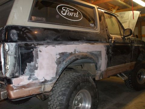 1995 Ford Bronco - passengers side with filler, ready for primer and paint