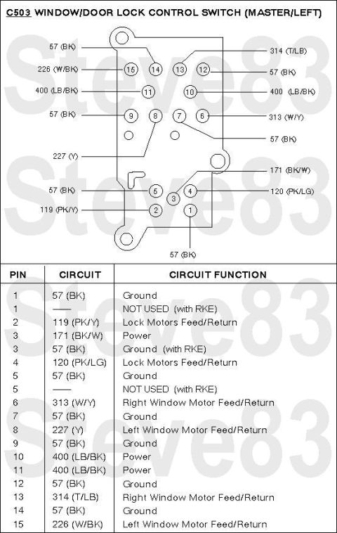 1983 Ford Bronco - Power Window/Lock driver's connector '92-96 WITHOUT factory RKE. Note the L-shaped hole for the index pin on the Left lock switch above pos…