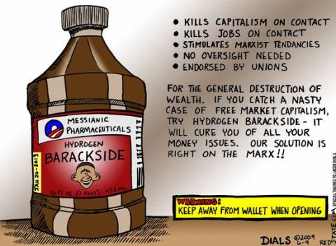 1993 Ford Bronco - A cartoon depicts a bottle of 'Hydrogen Barackside' with text about economic ideologies and a warning label.
